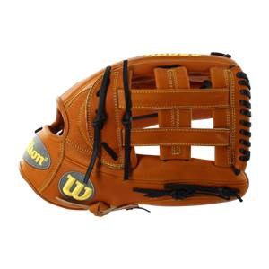 Side view of a brown baseball glove with yellow stitching and a Wilson logo.