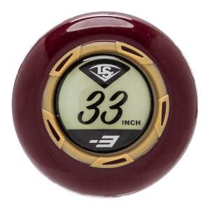 End view of a maroon baseball bat with a light green insert showing LS logo, 33 INCH, and -3.