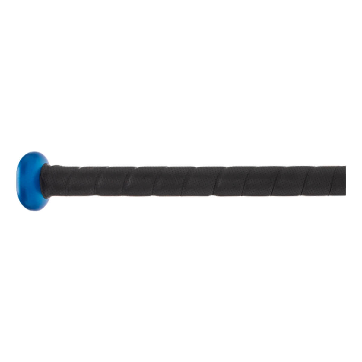 Side view of a black baseball bat with a blue end cap and textured grip.