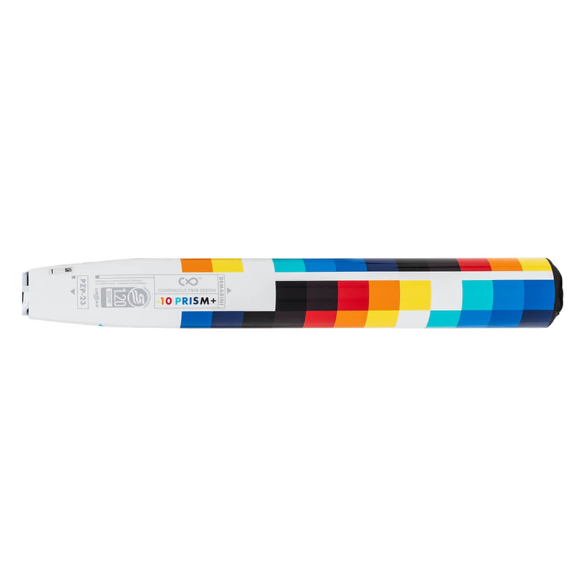 Top-down view of a white fastpitch softball bat with 10 PRISM+ text and a colorful geometric pattern on the barrel.