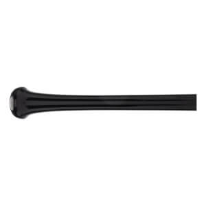 Side view of a black baseball bat with a flared knob and smooth barrel.