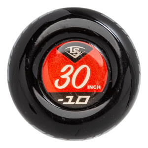 End view of a black baseball bat with a red circular insert showing LS logo, 30 INCH, and -10.