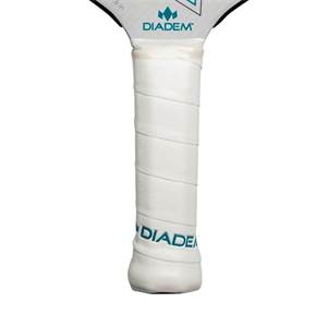 Close-up of a white pickleball paddle grip with DIADEM branding.