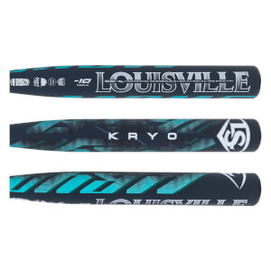 Three horizontal barrel views display navy and teal geometric patterns with prominent "LOUISVILLE," "KRYO," and "-10" markings.