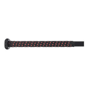 Side view of a black softball bat with a black and red textured grip.