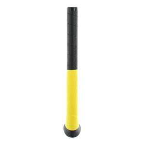 Close-up of a black and yellow baseball bat with a textured grip and rounded end.