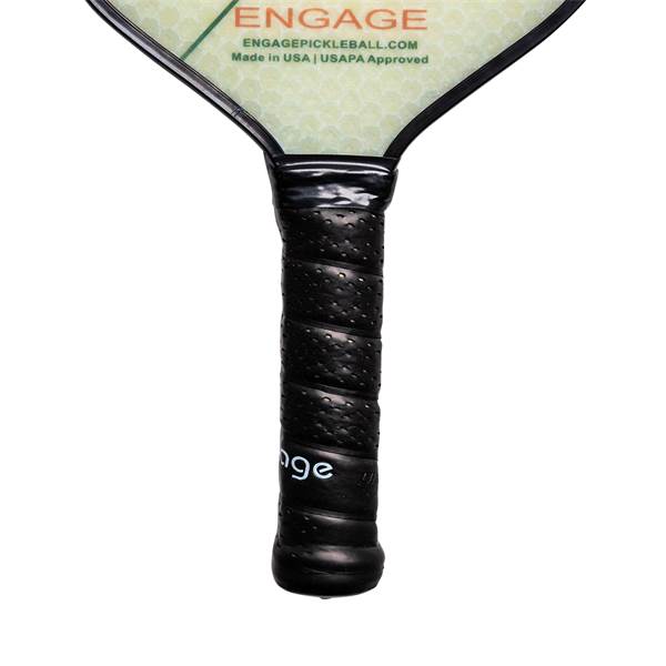 Close-up of a black pickleball paddle grip with textured surface and Engage text.