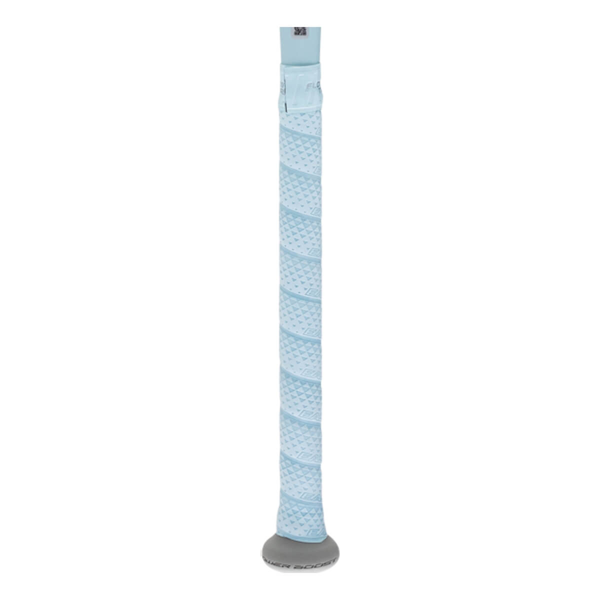 Close-up of the handle and knob featuring light blue textured grip tape and a grey knob with the words "POWER BOOST" visible at the base.