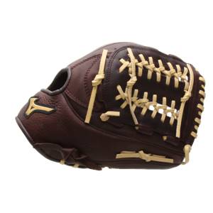 Side view of a brown baseball glove with tan lacing and a gold Mizuno logo.