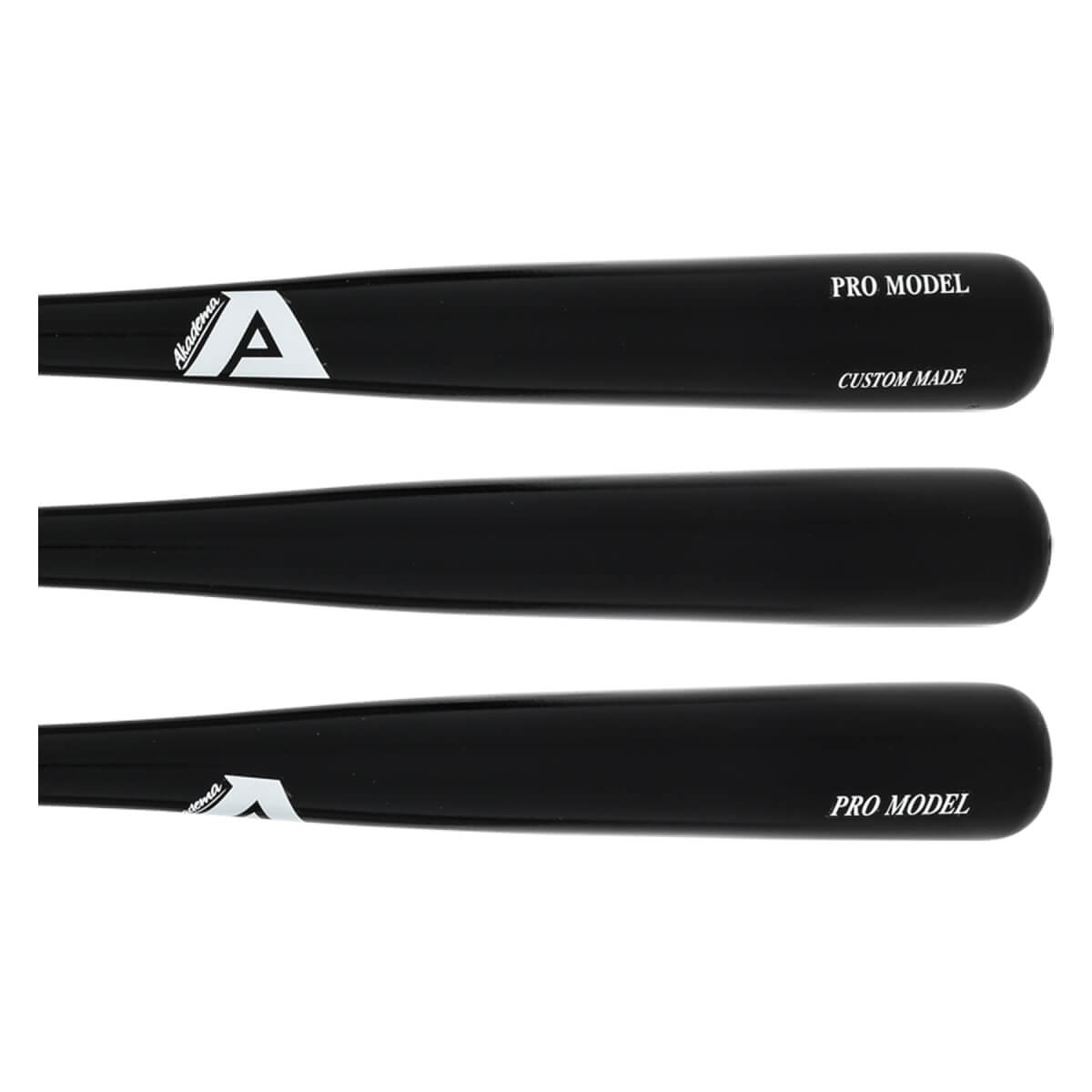 Top-down view of three black baseball bats with white Akadema logos and PRO MODEL text.