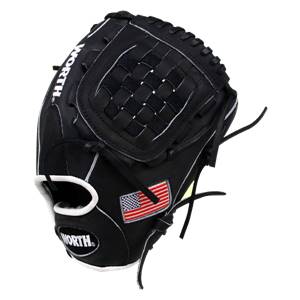 Front view of a black baseball glove with a woven web, white stitching, and an American flag patch.