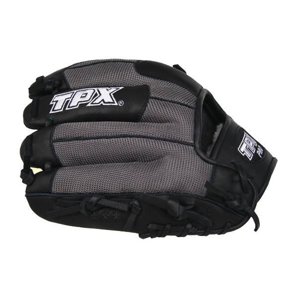 Side view of a black and gray youth baseball glove with TPX branding.