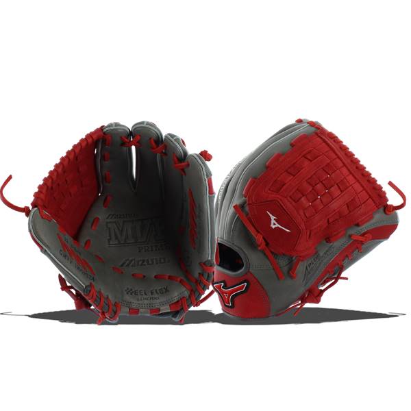 Interior view of a smoke and red baseball glove with Mizuno MVP Prime text and red lacing.