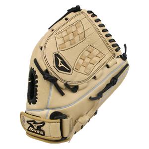Top-down view of a tan fastpitch mitt with black lacing and a Mizuno logo.