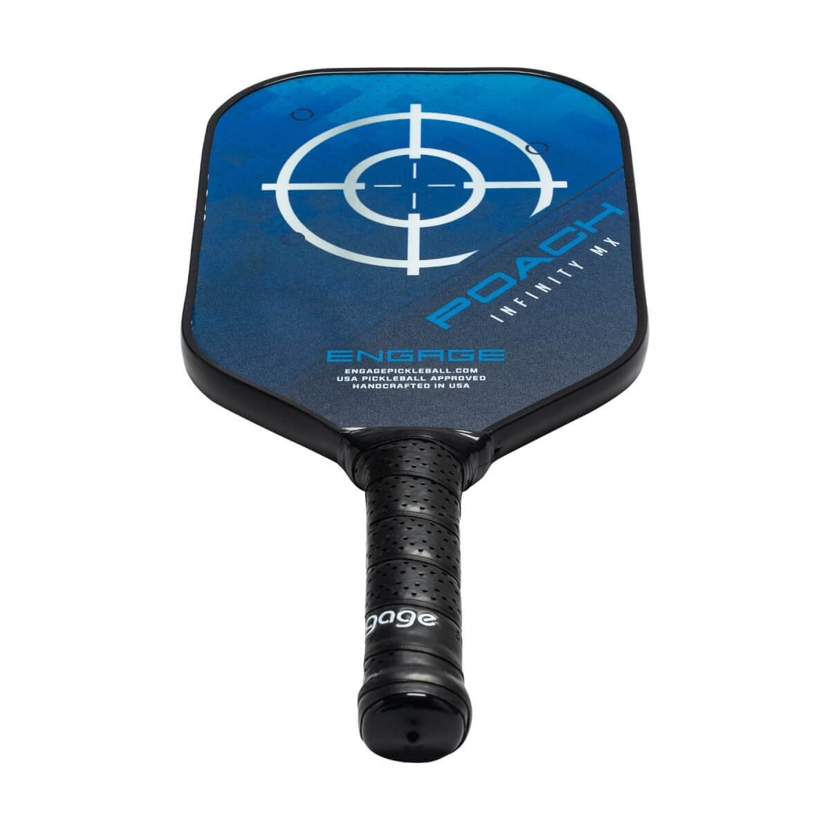 Top-down view of a blue pickleball paddle with a target design, POACH INFINITY MX text, and a black grip.