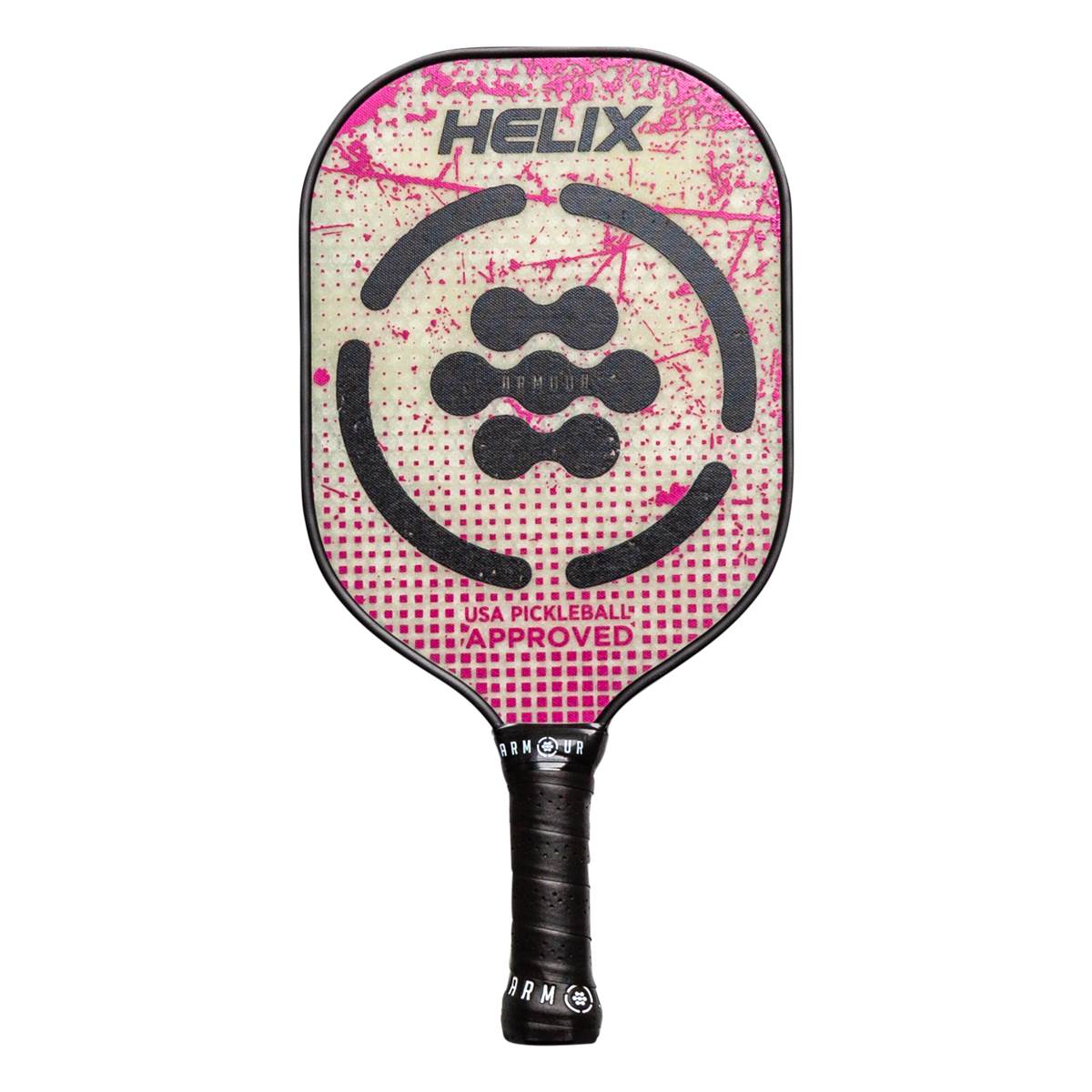 Front view of a pink and white pickleball paddle with HELIX and USA PICKLEBALL APPROVED text.