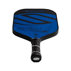 Top-down view of a blue Selkirk VANGUARD 2.0 Epic pickleball paddle with black grip and blue diagonal stripes.