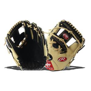 Top-down view of black and tan baseball gloves with Rawlings logos and tan lacing.