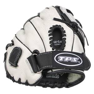 Front view of a white and black fastpitch glove with se-Ga DDING and TPS branding.