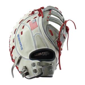 Side view of a white baseball glove with red lacing, an American flag patch, and THE GOLD GLOVE CO. text.