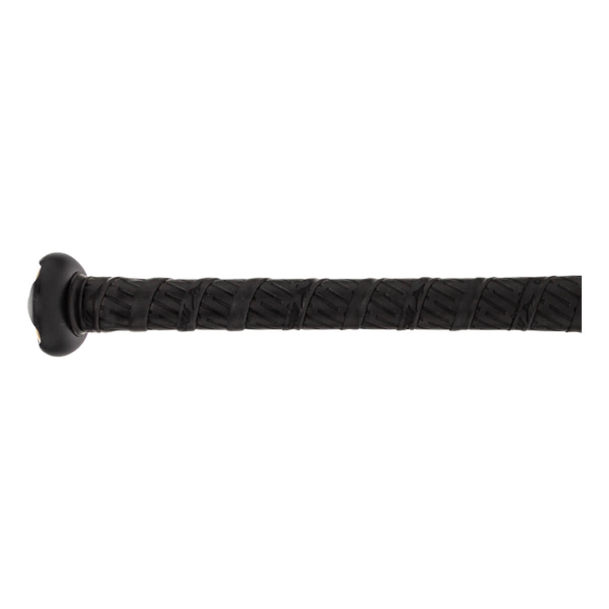 Side view of a black baseball bat with a textured grip and black end cap.