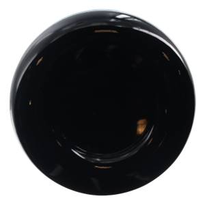 Top-down view of a black softball bat end cap with a smooth, glossy finish.