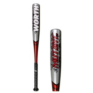 Side view of a silver and red tee ball bat with WORTH and MUTANT branding.