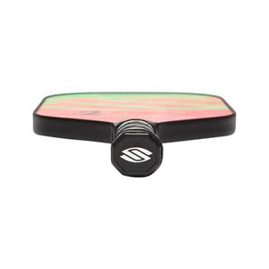 Back view of a pink and green pickleball paddle with a black grip and white S logo.