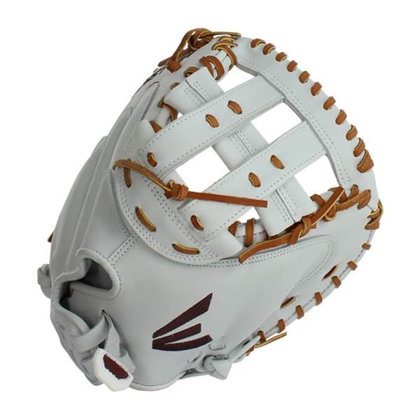 Side view of a white fastpitch catchers mitt with brown lacing and a brown Easton logo.