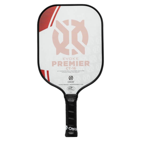 Front view of a white pickleball paddle with red accents, EVOKE PREMIER CT-16 text, and a large logo.