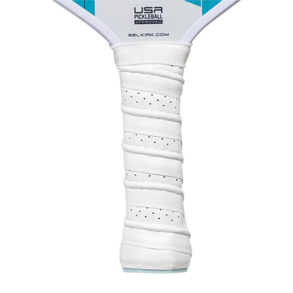 Close-up of a white pickleball paddle grip with perforated texture and USA Pickleball Approved logo.