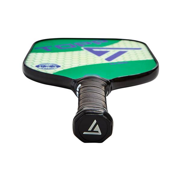 Top-down view of a green and white pickleball paddle with a black grip and a triangular logo.