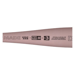 Close-up of a rose gold DeMarini baseball bat barrel with BBCOR CERTIFIED .50 -3 and patent info printed in black.