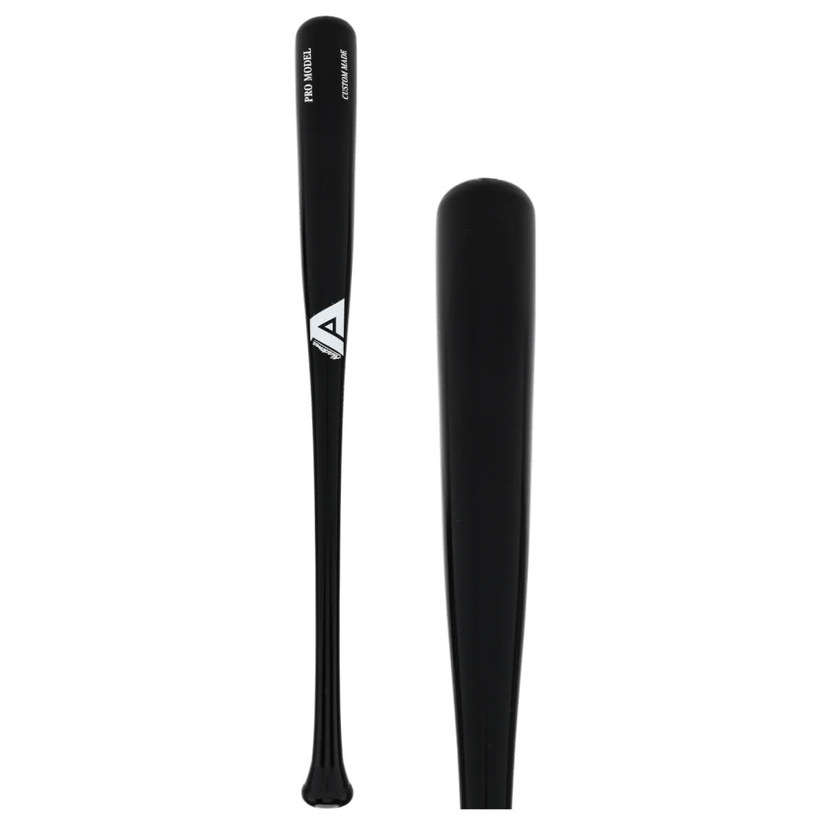 Side view of a black baseball bat with a white A logo and text.