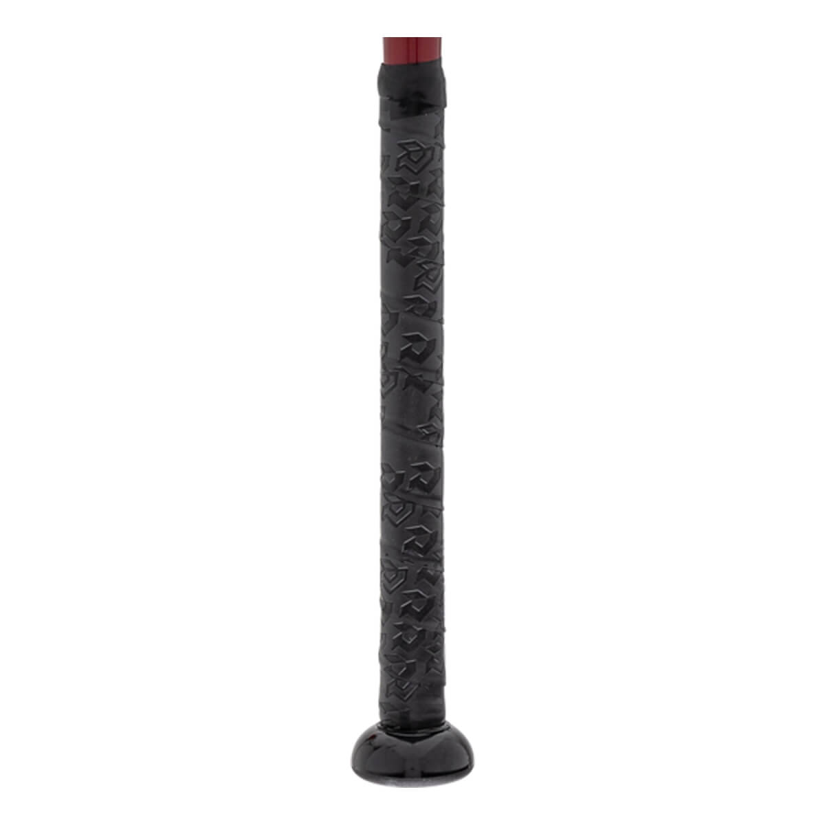 Close-up of a black baseball bat grip with a repeating pattern and a red end cap.