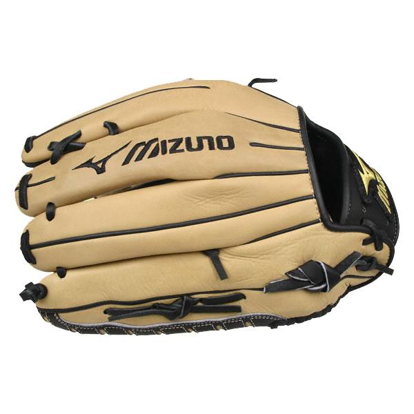 Side view of a tan baseball glove with black lacing and Mizuno branding.