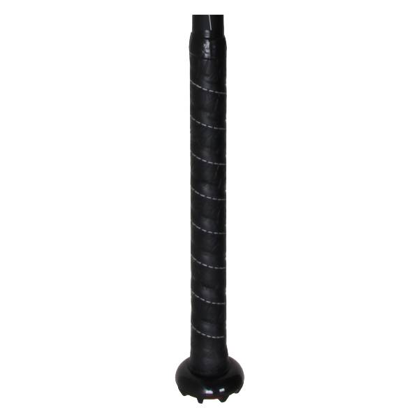 Close-up of a black softball bat grip with white stitching and a black end cap.