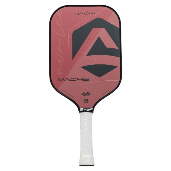 Front view of a red pickleball paddle with avalee script, MACH6 text, and a large black geometric design.