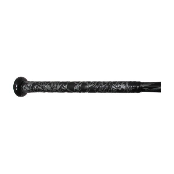 Side view of a black baseball bat with a patterned grip and DeMarini branding.