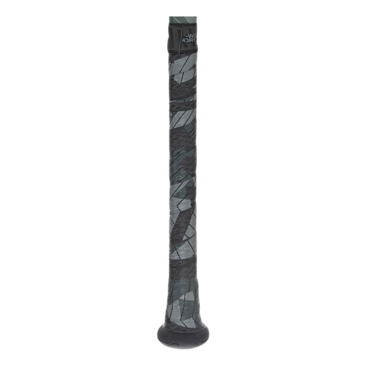 Close-up of the bat handle and knob featuring a grey and black geometric patterned grip tape and a solid black rounded knob at the base.