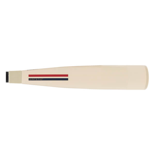 Side view of an off-white baseball bat with red and blue stripes, WARSTIC branding, and a black end cap.