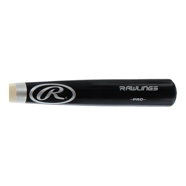 Side view of a black baseball bat with a silver Rawlings logo and PRO text.