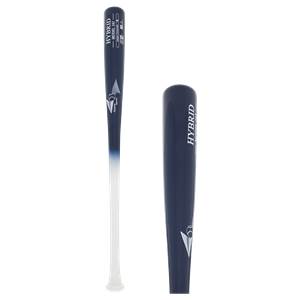 Side view of a dark blue and white baseball bat with HYBRID and MODEL 243 text, plus a close-up of its barrel.