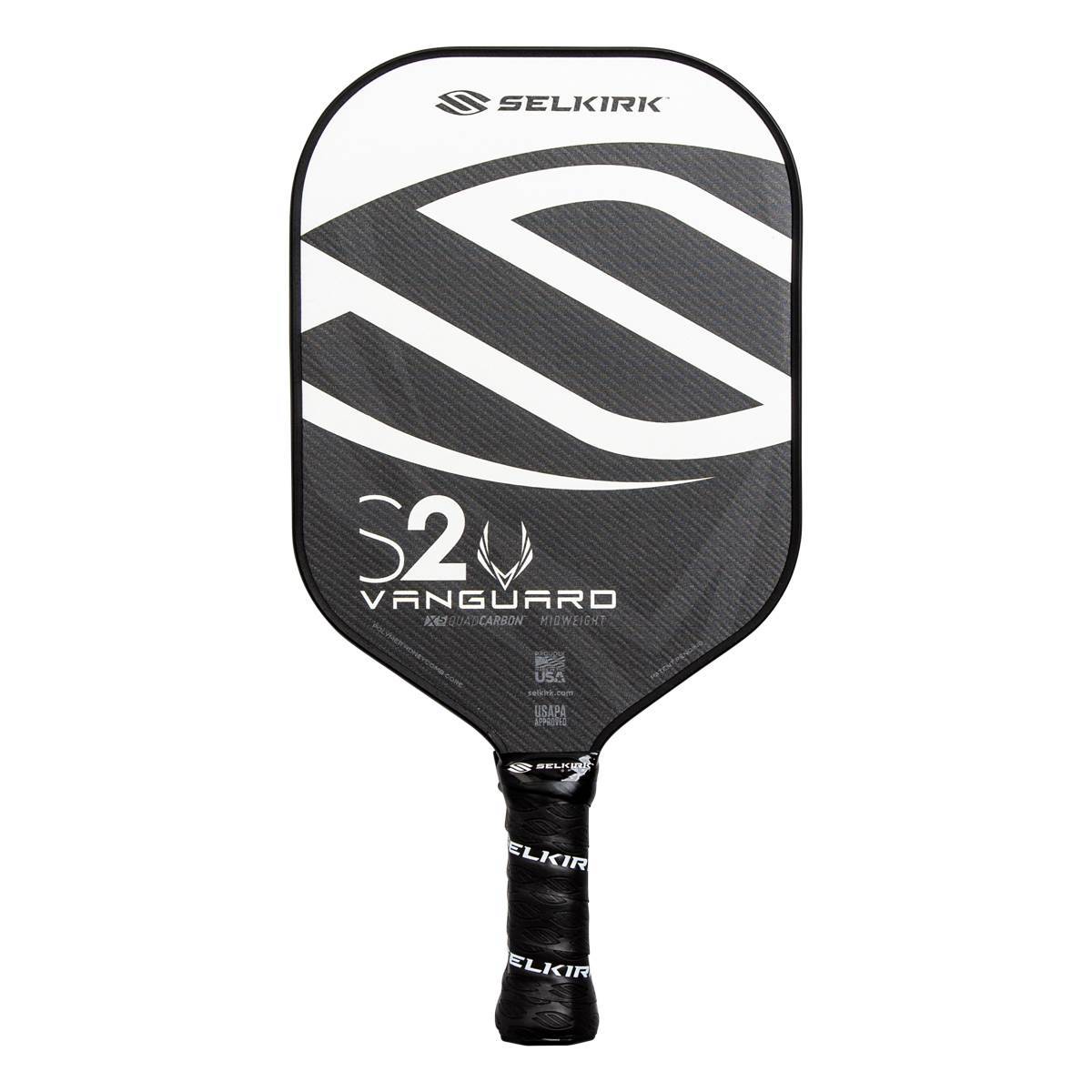 Front view of a black and white pickleball paddle with a large S graphic, S2 VANGUARD text, and a black grip.