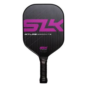 Front view of a black pickleball paddle with large purple SLK logo and ATLAS GRAPHITE text.