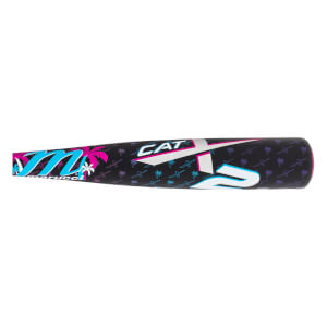 Side view close-up of the Marucci CATX2 Vice bat barrel featuring a black finish with pink and teal tropical patterns and large "M" and "CATX2" logos.