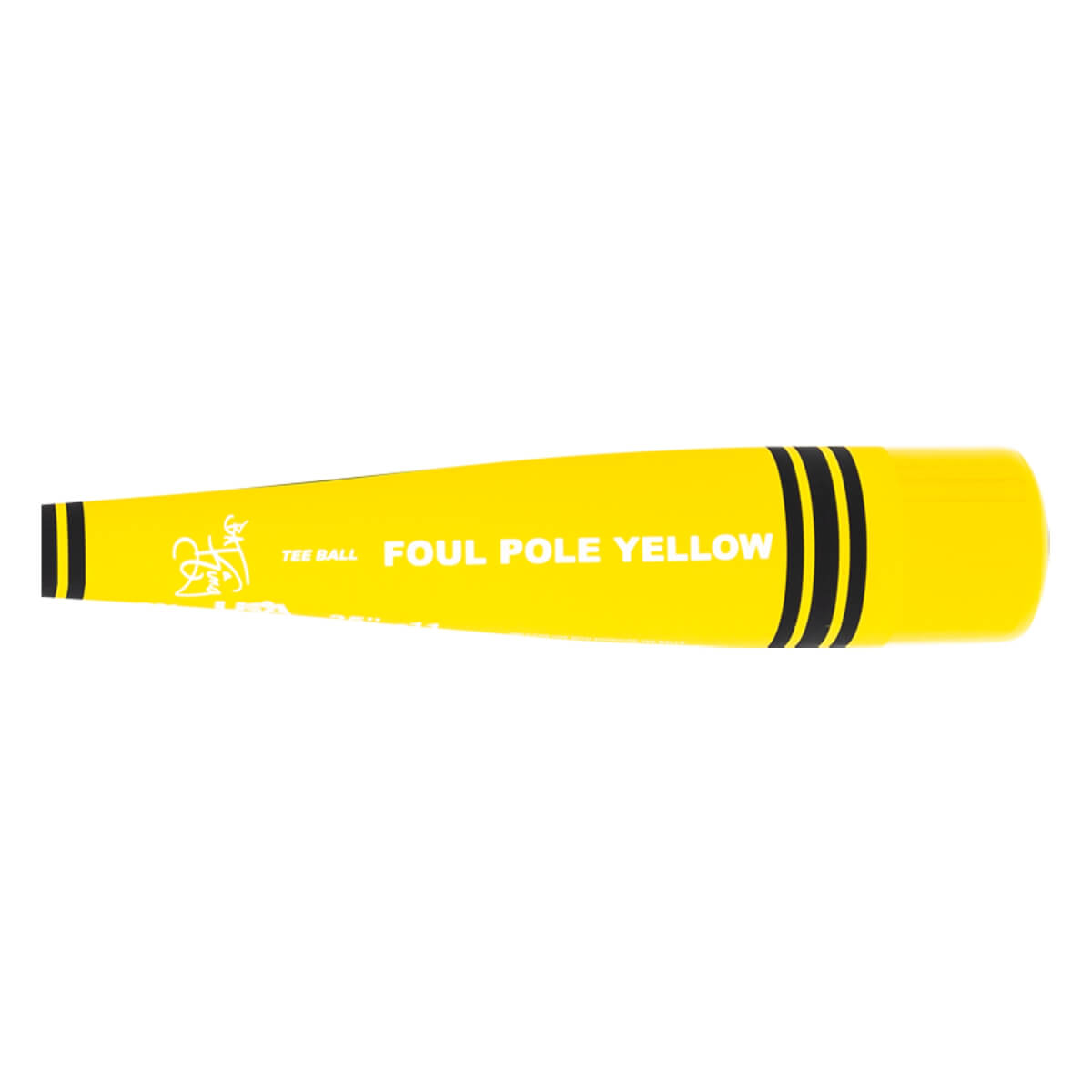 Side view of a yellow tee ball bat with FOUL POLE YELLOW text and black stripes.