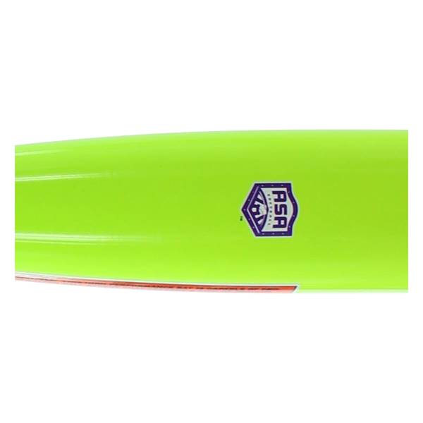 Side view of a neon green softball bat with a purple ASA logo.