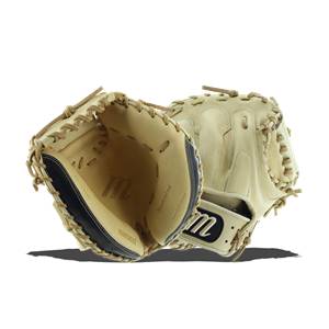 Front view of a camel catchers mitt with a black interior and M logo.