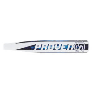 Side view of a white fastpitch softball bat with PROVEN text and an LS logo on a blue speckled design.